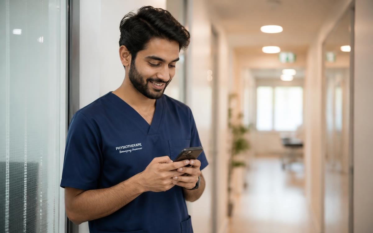 A placed physiotherapist messaging the team after starting work in Germany